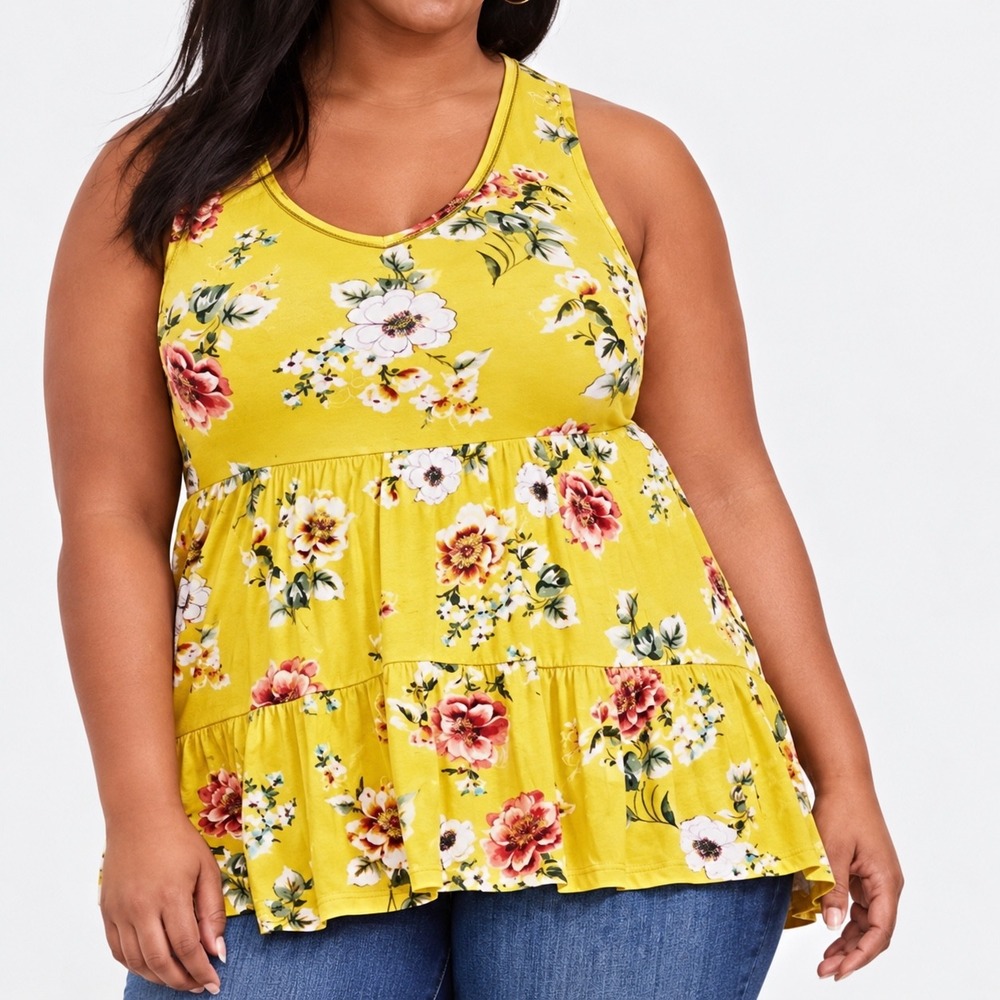 Torrid Super Soft Mustard Yellow Floral Tiered Babydoll Tank Top Size 1 1X 14 16